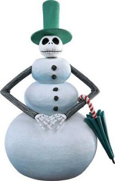 a snowman is wearing a green hat and holding a candy cane in his hand