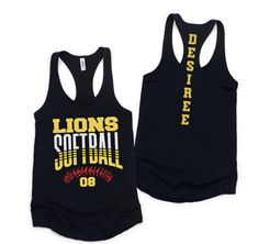 two black tank tops with lions softball on the front and back, one in yellow