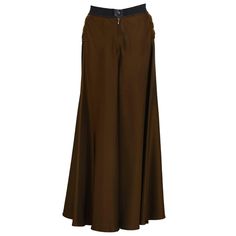 Early 2000's Gaultier brown maxi skirt. Horizontal quilting details on the hips with a pant style front button and zipper closure. The cotton waistband is fashioned from a standard zipper showing the metal edge. In excellent condition. Fits like a US size 8. Long Skater Skirt, Floor Length Skirts, Long Circle Skirt, Flare Skirts, Brown Maxi Skirt, Long Brown Skirt, Brown Maxi Skirts, Long Flared Skirt, Skirts Brown