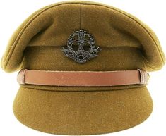 Button closure Peaked visor hat as used by officer's in Great Britain during WW2. Top quality wool and genuine leather construction. Copied directly from an original in the IMA collection. Features of note- correct cut, shape, color, genuine leather brim, leather chinstrap, leather sweatband, brass general service buttons. Silk-like interior lining and a finely cast Middlesex regimental badge (badge can be removed). Brown Military Visor Hat, Military Style Brown Flat Cap, Brown Military Flat Cap, Brown Military Style Flat Cap, Military Style Brown Hat With Curved Brim, Brown Military Hat With Curved Brim, Military Style Brown Cap, Brown Military Style Cap, Brown Military Brimmed Hat