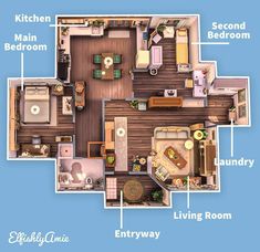 an overhead view of a living room, kitchen and bedroom in the same floor plan