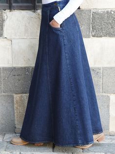 Full length Waistband with side button Side slot zipper 2 rounded pockets Model is 168cm (5 feet 6 inches) and wearing size M Item Code: wT0505 Jean Skirts Long, Long Skirt Pattern, Weeknd Wallpaper, Long Umbrella, Jean Skirts, Skirts Long, Denim Maxi, Denim Skirts, Denim Maxi Skirt