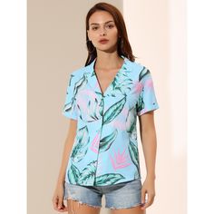 A great shirt to be paired with shorts or jeans. Enjoy the summer with the help of the Hawaiian leaf-printed shirt. Lend a touch of charm to your new season wardrobe with this shirt. Whether on carnivals, festivals, vacations, on the beach, or even at a theme party, you will certainly receive many compliments. Suitable for wearing to the beach. Light Blue Summer Shirt For Vacation, Light Blue Button Closure Shirt For Vacation, Summer Light Blue Vacation Shirt, Blue Collared Blouse For Vacation, Blue Tropical Print Blouse For Summer, Summer Blue Blouse With Tropical Print, Summer Tropical Print Blue Blouse, Light Blue Collared Camp Shirt For Summer, Light Blue Floral Print Shirt For Summer