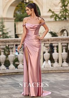 Off Shoulder Satin Dress, Rose Gold Silk Dress, Long Sleeve Homecoming Dress, Mermaid Ball Gown, Split Prom Dresses, Silk Bridesmaid Dresses, Pink Satin Dress, Vestidos Color Rosa, Satin Dress Long