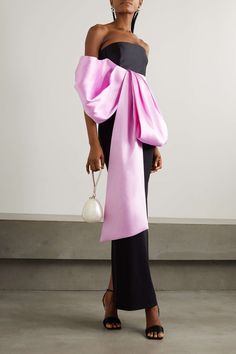 Creative Black Tie, Pink Bow Dress, Colour Blocking Fashion, Solace London, Crepe Gown, London Outfit, Floral Dresses Short, Strapless Neckline, Gowns Wedding