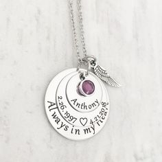 "Let us help you deliver a smile during a difficult time. This personalized necklace makes a beautiful memorial keepsake and helps to honor the loved one they are missing. We'll help you give a heartfelt gif they're sure to treasure. DESIGN DETAILS: Engraved 5/8\" Disc with your loved one's name Engraved 7/8\" Disc with Date of Birth <3 Heaven Date Engraved 1 1/4\" Bottom Disc with \"Always in my Heart\" 1- Angel Wing Charm 1- Birthstone 1- Chain of your choice (see examples in listing photos Loss Of Dad, Always In My Heart, Forever Gifts, Memorial Necklace, Silver Jewelry Necklace, Beaded Wrap Bracelets, Beaded Wraps, Memorial Keepsakes, Memorial Jewelry