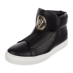 Description: Versace Leather High Top Sneakers Black Medusa Insignia Rubber Trim Round-Toes Includes Box & Dust Bag Luxury High-top Sneakers With Rubber Sole, Luxury High-top Sneakers With Embossed Logo, Luxury Leather High-top Sneakers With Round Toe, Luxury Leather High-top Sneakers With Rubber Sole, Custom Leather High-top Sneakers With Embossed Logo, Luxury High-top Sneakers With Leather Sole And Round Toe, Luxury High-top Sneakers In Calf Leather With Round Toe, Luxury Leather High-top Sneakers With Leather Sole, Luxury Leather Sole High-top Sneakers