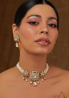 Pearl String Kundan Necklace Set Zevar by Geeta - Fabilicious Fashion Pearl Strings, Indian Theme, Kundan Necklace Set, Buy Pearls, Fabric Pouch, Perfume Store, Indian Wedding Wear, Kundan Necklace, Kundan Earrings