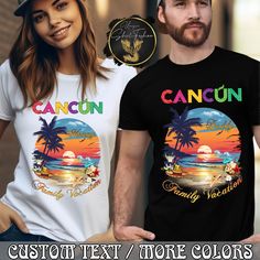 two people wearing t - shirts with the words cancun and sunset on them