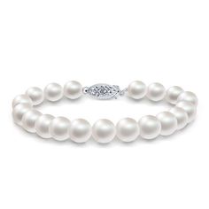 Large and luxurious, this 8.0-8.5mm white Akoya pearl bracelet features AAA quality saltwater pearls that have been hand selected for their smooth, unblemished surfaces, bright, crisp luster and softly shimmering overtones. Double knotted on white silk and finished with a 14k gold clasp. Luxury Akoya Pearl Pear Jewelry, Luxury Gold Akoya Pearl Bracelets, Luxury 14k White Gold Fine Jewelry Earrings, Luxury Akoya Pearl Bracelets With Pearl Drop, Luxury Fine Jewelry With Akoya Pearl, Classic White Gold Pearl Bracelet With Oyster Clasp, Classic White Gold Pearl Bracelet With Oyster Details, Timeless Silver Pearl Bracelet For Formal Occasions, Pearl White Single Strand Bracelet With Round Beads