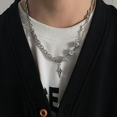 The model's height is 5' 7'' (170cm) and weighs 132 pounds (60kg) - Titanium Steel Streetwear Jewelry, Jewelry Star, Edgy Jewelry, Multi Chain Necklace, Mens Trendy Outfits, Jewelry Fashion Trends, Classy Jewelry, Jewelry Outfit, New Jewelry