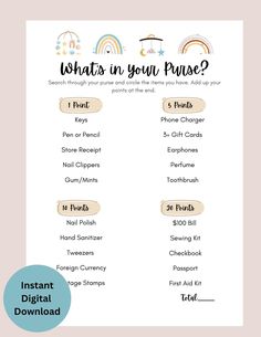 what's in your purse? printable game with instructions for kids to play