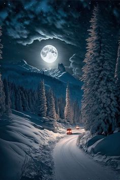 a car driving down a snow covered road at night with the moon in the sky