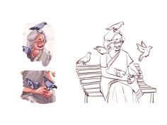 an old woman sitting on a bench with birds around her and another drawing of the same person