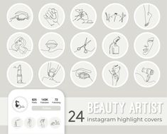 the 25 beauty salon instagram highlight covers are shown in black and white, with hand drawn