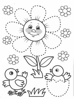 a coloring page with flowers and birds