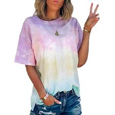 Abcnature Tie Dye Print Shirt Women Gradient Graphic Short Sleeve T-Shirt Summer O-Neck Casual Colorful Tee Tops Pink M You will love the casual tops updated by Abcnature. It is made of soft polyester and spandex fabrics. It is characterized by its loose style and unique design, giving people a very fashionable feeling. This top is very versatile and can be worn in daily life, work, vacation or dating, providing a variety of options for your outfit. Gender: female.  Age Group: adult. Print Shirts Women, Casual Tshirt, Summer Tie Dye, Women Tie, Tie Dye Shirts, Tshirt Pattern, Tie Dye Shorts, Tie And Dye, Dye Shirt