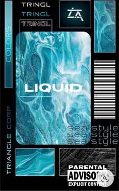 the front and back side of a card with liquid in blue, black and white