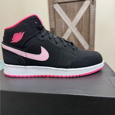 Brand New Still In Box Nike Mid 1 Black And Pink. Size 8 Womens Or 6 Youth! Nike Pink High-top Jordan Shoes, Nike Low-top Pink Jordan Shoes, Nike Mid, Nike Shoes New, Nike Free Run 2, Womens Air Jordans, Nike Tennis Shoes, Training Sneakers, Nike Air Zoom Pegasus