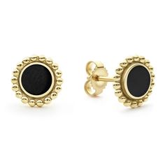 Onyx stud earrings set and surrounded by 18K gold Caviar beading. Luxury Gold Onyx Earrings, Luxury Yellow Gold Onyx Earrings, Elegant Yellow Gold Studs As Gift, Elegant Yellow Gold Studs For Gift, Yellow Gold Onyx Round Earrings, Gold Earrings With Black Enamel In 14k Gold, Stud Earrings Set, Earrings Set, Earring Set