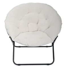 a white chair with black legs and a round seat cushion on top of the frame