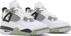 The Women’s Air Jordan 4 Retro ’Seafoam’ combines OG-inspired color blocking, reminiscent of the original ‘Fire Red’ release from 1989, with classic materials and refreshed pastel accents. The upper is constructed from smooth white leather with contrasting pops of Oil Green on the eyelets, interior lining, and the Jumpman branding hits that adorn the Flight tongue tag and molded heel tab. Legacy details are left intact, including the quarter panel netting and support wings. The classic silhouett Air Jordan 4 Retro Seafoam, Jordan 4 Retro Seafoam, Green Jordans, Tinker Hatfield, Jordan 4s, Jordan 4 Retro, Air Jordan 4, Air Jordan 4 Retro, Red Fire