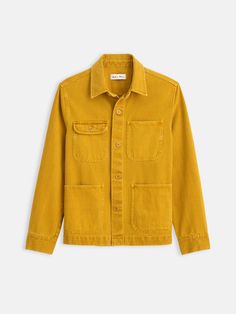 Garment Dyed Work Jacket in Recycled Denim – Alex Mill Shirt And Tie, Recycling Process, Dress Shirt And Tie, Alex Mill, Yellow Ochre, Timeless Wardrobe Staples, Recycled Denim, Work Jackets, Cotton Style