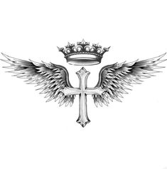 a cross with wings and a crown on top