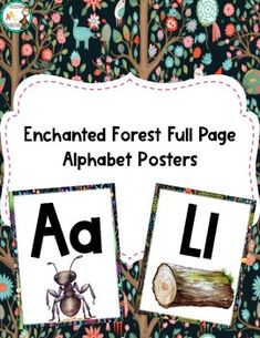 an alphabet poster with pictures of animals and trees