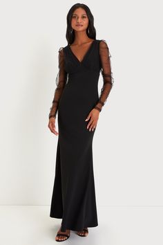 Cameras will flash as you stroll in looking incredible in the Lulus Red Carpet Energy Black Tulle Long Sleeve Mermaid Maxi Dress! Stretchy techno crepe knit fabric shapes a bodice with a V-neckline, V-back, and gathered cups. Sheer tulle overlays the cups, continuing into sheer ruched sleeves with gathering at the shoulders. Skirt has a figure-hugging, mermaid silhouette that falls to a sweeping maxi hem. Hidden zipper/clasp at back. Fit: This garment fits true to size. Length: Floor length. Size medium measures 59.5" from shoulder to hem. Bust: Great for any cup size. Waist: Fitted - very fitted at natural waist. Hip: Loosely Fitted. Undergarments: May be worn with an adhesive bra, petals, or no bra. Fabric: Fabric is very stretchy. Shell: 95% Polyester, 5% Spandex. Lining: 100% Polyester Red Carpet Dresses Long, Black Long Sleeve Prom Dress, Long Sleeve Black Maxi Dress, Black Floor Length Dress, Winter Bridesmaid Dresses, Mermaid Maxi Dress, Bridal Party Attire, Maxi Dresses Uk, Bridesmaid Dresses With Sleeves