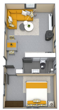 A narrow, yellow 3D floor plan with one bedroom, and an open space layout with a fireplace. One Bedroom Floor Plans Open Concept, Open Studio Apartment, Studio Apartment Plans, Small Apartment Building Plans, Studio Apartment Plan, One Bedroom House Plans, Studio Floor Plans, Small House Living