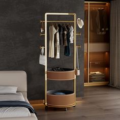 a bedroom with a bed, closet and clothes rack