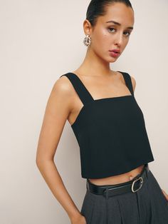 If you can't get out of those plans. Shop the Lorin Top from Reformation, a relaxed fitting tank top with a square neckline. Black Linen Top, Square Neckline Top, Womens Basic Tops, Linen Top Women, Linen Tank Top, Tank Top Outfits, Square Top, Going Out Tops, Satin Top