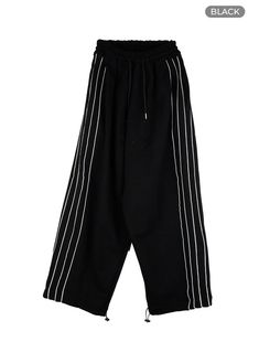 cotton-string-banded-sweatpants-cg402 / Black Black Trousers With Contrast Stripes, Black Pants With Contrast Stripes For Streetwear, Black Cotton Bottoms With Contrast Stripes, Black Casual Sweatpants With Contrast Stripes, Casual Black Bottoms With Contrast Stripes, Black Wide Leg Pants With Contrast Stripes, Black Wide-leg Pants With Contrast Stripes, Black Pants With Contrast Stripes For Loungewear, Black Pants With Contrast Stripes For Spring