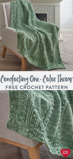 a green blanket sitting on top of a chair in front of a fireplace with the words, comforting one - color throw free crochet pattern