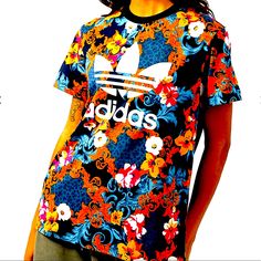 New With Tags Adidas Originals Floral Trefoil Very Oversized Rare Graphic Tee Shirt Size Xs But Will Easy Fit Up To A Large. Multicolor Logo Print Tops For Summer, Casual T-shirt With Vibrant Print, Casual Printed Orange Tops, Adidas Multicolor Graphic Print T-shirt, Trendy Multicolor All-over Print T-shirt, Multicolor Logo Print Short Sleeve Tops, Multicolor Short Sleeve Tops With Logo Print, Casual T-shirt With Vibrant Print And Short Sleeves, Casual Short Sleeve T-shirt With Vibrant Print