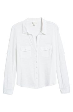 This soft cotton-blend shirt is fashioned with button-flap chest pockets and long roll-tab sleeves. 24" length (size Medium) Spread collar Long sleeves with roll-tab cuffs 60% cotton, 40% polyester Machine wash, tumble dry Imported Knit Shirt, Top Brands, Rolls, Cotton Blend, Nordstrom, Long Sleeves, Size Medium, Luxury Fashion, Collar