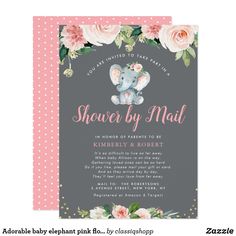 an elephant baby shower is shown with pink flowers and polka dots on the bottom corner