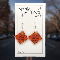 Road work ahead, I sure hope it does dangle earrings. Handmade by Magic Cove Arts with premium shrink plastic and hypoallergenic gold plated and sterling silver jewlery. Cute, lightweight and durable with your choice of a hook or hoop. They're great for everyday wear, gifts, costumes and parties.  Details -  Materials: premium shrink plastic | earring hooks or hoops in plated gold or sterling silver Finish: Uv resin Length: 2.5 cm Semi translucent  Care - I include one alcohol wipe to disinfect the backing of the earrings before you wear it. Each earring is sealed with a generous coat of us resin to provide durability. While the earrings are sealed, it is advised to not get them wet. Avoid leaving them on counters where they can get wet like the bathroom or kitchen. Don't wear them in the Shrink Plastic Keychain, Shrink Plastic Earrings, Plastic Keychain, Silver Jewlery, Road Work, Plastic Earrings, Reno Nv, Shrink Plastic, Hypoallergenic Jewelry