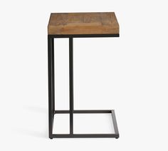 the side table is made out of metal and wood, with a square wooden top