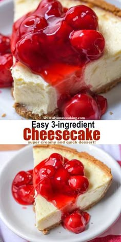 cheesecake with cherries and whipped cream on top is shown in two different views