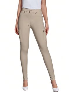 Caqui-p44880csk  Collar   Liso ajustado Embellished Slim Fit Bottoms With Pockets, Fitted Solid Cargo Pants For Fall, Fitted Solid Color Cargo Pants For Fall, Stretch Elastane Trousers, Trendy Stretch Straight Leg Cargo Pants, Trendy Stretch Cargo Pants With Straight Leg, Fitted Mid-rise Cargo Pants For Workwear, Stretch High Waist Cargo Pants For Fall, Slim Fit Full Length Elastane Pants