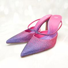 Zara Rhinestone Heel Bedazzle Shoes, Pointed Sandals, Bedazzled Shoes, Pink Purple Ombre, Zara Heels, Rhinestone Sandals, Rhinestone Heels, Purple Ombre, Fuchsia Pink