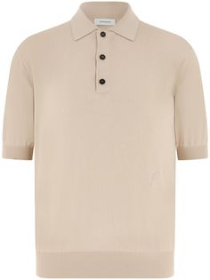 light grey silk-cotton blend fine knit three-quarter length sleeves polo collar front button placket embroidered logo at the chest ribbed cuffs and hem Classic Beige Polo Shirt, Elegant Polo Shirt With Ribbed Collar For Work, Elegant Workwear Polo Shirt With Ribbed Collar, Classic Beige Polo Shirt With Collared Neckline, Classic Beige Collared Polo Shirt, Classic Beige Polo Sweater With Collar, Luxury Formal Polo Sweater With Ribbed Collar, Elegant Formal Polo Shirt With Ribbed Collar, Formal Polo Collar Top With Placket