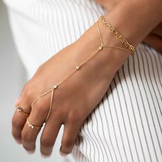 This hand chain features cubic zirconia stones in a bezel setting to add sparkle. Wear alone or pair with the matching ring for a beautiful and delicate look. Gold Vermeil White Zirconia Crystals Crystals 3mm Crystal chain section length 4in(10cm) Wrist Length:6-7.5in(15-19cm) Handcrafted in NYC #B301 Elegant Chain Rings For Parties, Dainty Chain Body Jewelry For Wedding, Party Jewelry With Adjustable Chain And Cubic Zirconia, Party Jewelry With Adjustable Cubic Zirconia Chain, Cubic Zirconia Jewelry With Adjustable Chain For Party, Party Jewelry With Adjustable Chain In Cubic Zirconia, Dainty Hand Set Diamond Jewelry, Dainty Hand-set Diamond Jewelry, Elegant Cubic Zirconia Chain Ring Gift