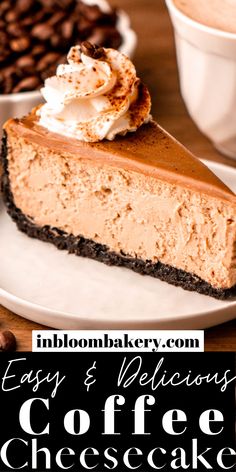 an easy and delicious coffee cheesecake with whipped cream on top is ready to be eaten