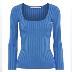 Veronica Beard Clara Blue Ribbed Scoop Neck Top $325 Ribbed Knit Top, Scoop Neck Top, Active Wear Outfits, Veronica Beard, Ulla Johnson, Blue Sweaters, Skirt Top, Long Tops, Jacket Dress