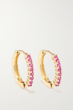 Simplicity and minimalism are at the core of Mateo's design ethos, so its timeless pieces make great everyday signatures. Shaped to comfortably hug your lobe, these earrings are cast from 14-karat gold and set with 0.28-carats of twinkling pink sapphires. Stack them alongside similar styles from the label. Gold And Pink Earrings, Hoco Jewelry, Sapphire Hoop Earrings, Pink Gold Rings, Turquoise Hoop Earrings, Luxe Jewelry, Gold Pearl Earrings, Gold Ring Stack, Minimal Jewelry