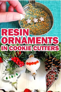 the cover of resin ornaments in cookie cutters is shown with christmas decorations around it