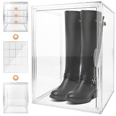 a pair of black rain boots in a clear box with four different angles to view